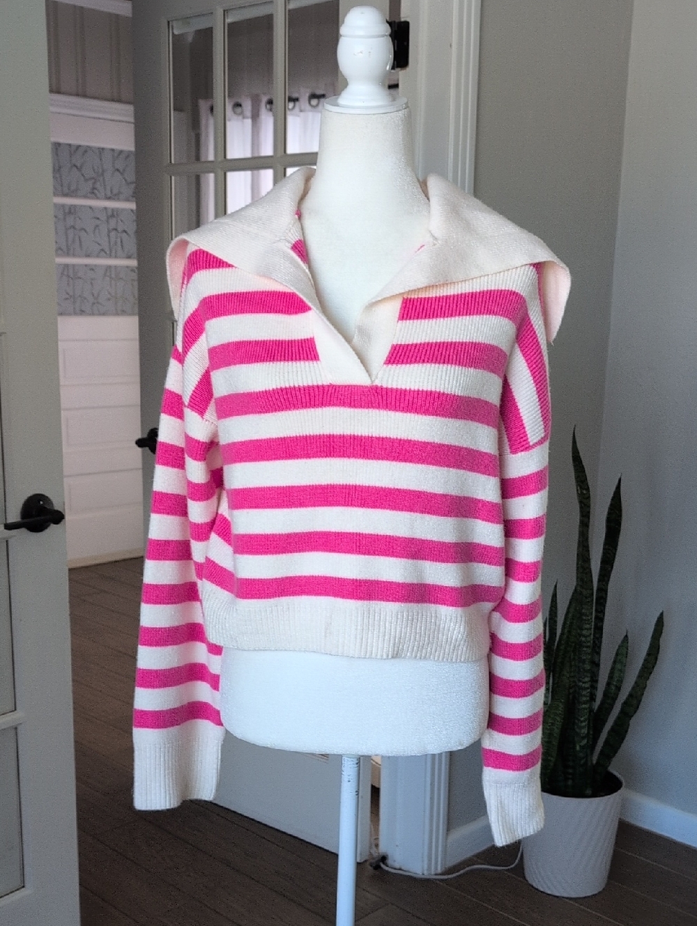 Sincerely Jules Women's Pink & White Striped V-Neck Sweater